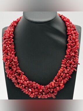 Vintage 18" Red Coral Chip Multi Strand Statement Necklace Chunky Boho Woven Bib